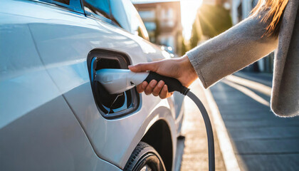 Woman charge hybrid EV at a charging station. Green eco technology, modern electric vehicle concept