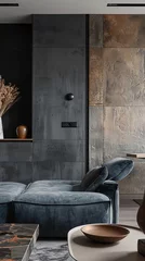 Foto auf Acrylglas Contemporary living space featuring a plush blue chair and monochrome artwork, concept interior design, illustratie for interior magazine © Natalya