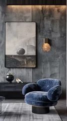 Foto auf Acrylglas Abstract wall art above a blue velvet chair in a modern interior with dark tones, concept interior design, illustratie for interior magazine © Natalya