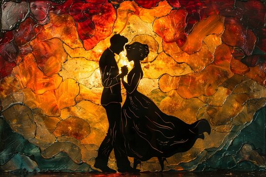 An elegant silhouette side view of a couple dancing is beautifully set against an intensely colored and emotional background, capturing the essence of passion and connection in motion.