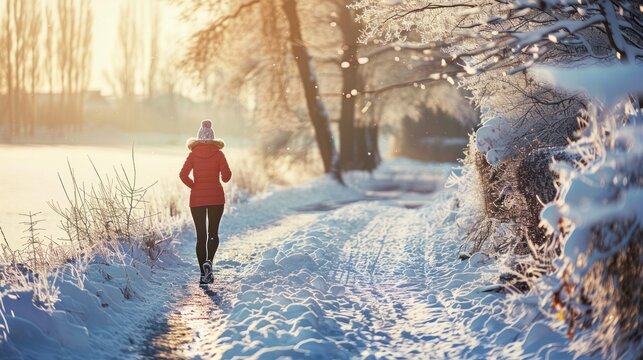 Woman jogging on footpath during snow in winter 