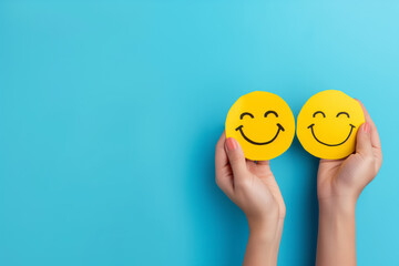 Fototapeta na wymiar Positive happy smiley face on yellow background. Digital Delight, Yellow Smile on Blue Background.
