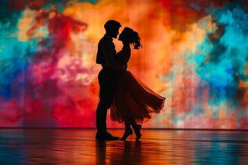 An elegant silhouette side view of a couple dancing is beautifully set against an intensely colored and emotional background, capturing the essence of passion and connection in motion.