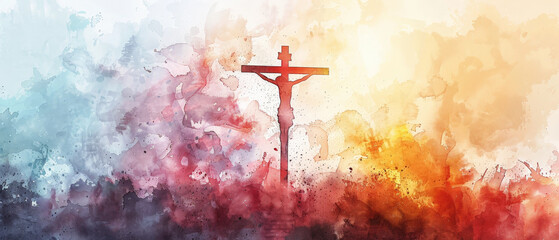 Acuarela de la silueta de Jesucristo en la cruz, sobre fondo abstracto de colores rojo, amarillo, azul y blanco - obrazy, fototapety, plakaty