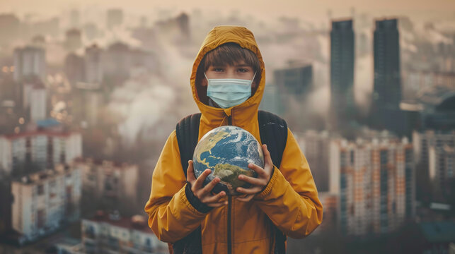 Young person wearing a face mask, lifting a clear Earth against a smog-filled city background