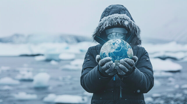 Activist in cold-weather gear holding a globe where polar regions are prominent
