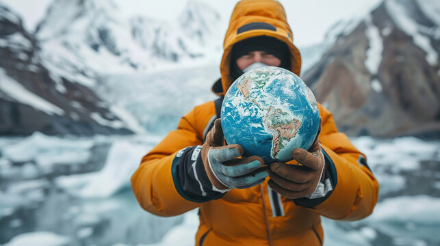 Activist in cold-weather gear holding a globe where polar regions are prominent