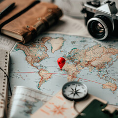 Close-up of a detailed world map with a red pin on an exotic destination