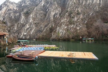 View of beautiful tourist attraction, lake at Matka Canyon in the Skopje surroundings. Macedonia. - obrazy, fototapety, plakaty