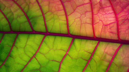 Colorful red pink green macro foliage leaf vein texture background, abstract natural texture colorful banner.