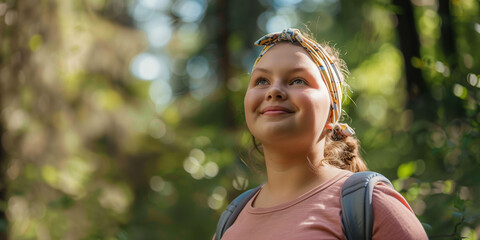 Portrait of a chubby healthy confident smiling teenage girl with backpack hiking in forest background with copy space.