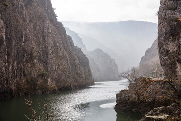 View of beautiful tourist attraction, lake at Matka Canyon in the Skopje surroundings. Macedonia. - obrazy, fototapety, plakaty