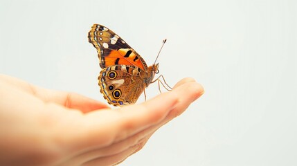Butterfly on fingertips, close up, isolated on white, concept of sensitive, mental health care, protect, fragile beautiful thing.
