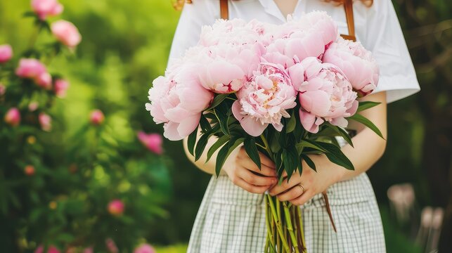 Close-up photo of a female hands with a peony bouquet. Delicate hands cradle a vibrant peony bouquet.