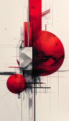 Abstract art with geometric shapes, lines, and a mix of red, white, and black tones.