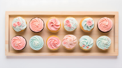 Serenade of Sweet Pastel Frosted Cupcakes in a Vintage Tray - Perfect for Celebrations