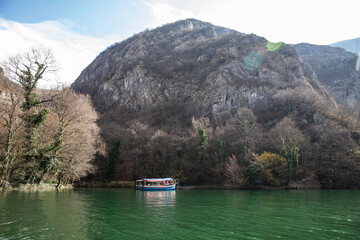View of beautiful tourist attraction, lake at Matka Canyon in the Skopje surroundings. Macedonia. - 755909566
