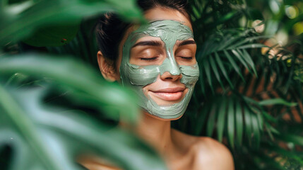 In a tranquil garden, a woman unveils her naturally glowing skin after using an organic green mask - obrazy, fototapety, plakaty