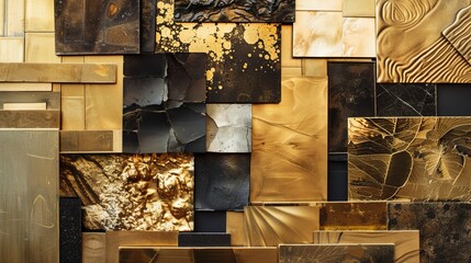 Luxurious patterns of gold, marble, and dark textures in a modern, abstract design. Finishing material for renovation.