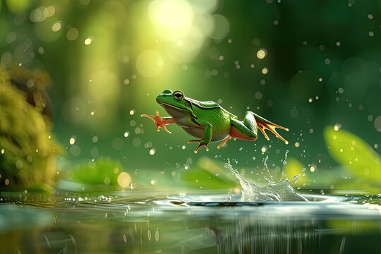 Frozen in mid-air, a leaping frog captures the essence of movement and vitality