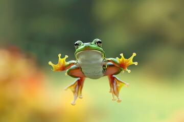 Captured mid-leap, a frog embodies the dynamic rhythm of life, exuding vitality