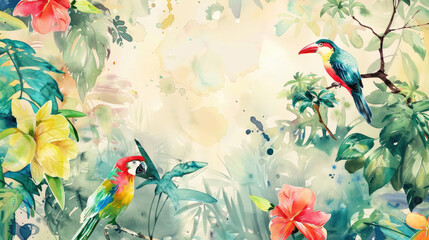Watercolor Painting of a jungle landscape with birds. 