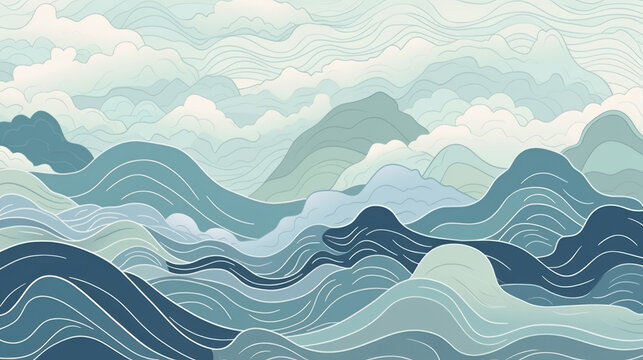 Hand-drawing abstract Japanese wave background with line wave pattern. Japanese ancient style. 