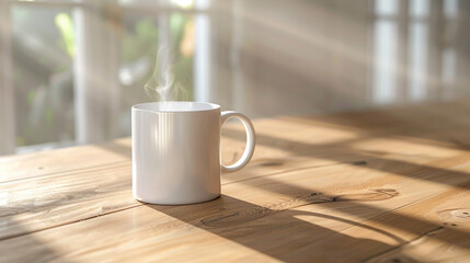Fototapeta premium Mockup white mug centered on a wooden breakfast table bathed in soft morning light