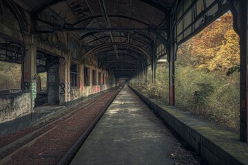 Fototapeta na wymiar Abandoned rail station. Iron track design. Generate AI