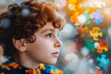 Little boy with autism on blurred background with puzzle pieces. Child mental health. Autism spectrum disorder concept, ASD. World autism awareness day