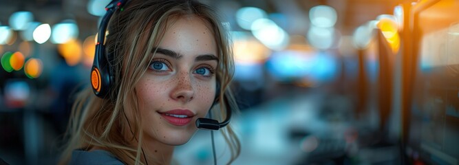 A woman with layered hair and electric blue headphones is smiling at the camera