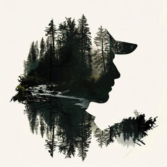 Silhouette portrait of an environmental scientist, within which a thriving ecosystem is visible - obrazy, fototapety, plakaty