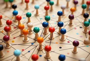 Obraz premium business network with colorful pins attached stock photo, in the style of juxtaposition of hard and soft lines сreated with Generative Ai