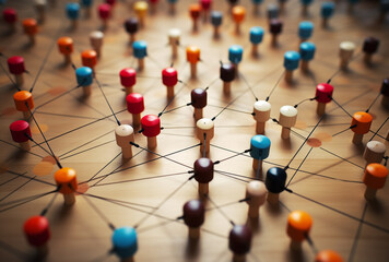business network with colorful pins attached stock photo, in the style of juxtaposition of hard and soft lines сreated with Generative Ai