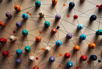 business network with colorful pins attached stock photo, in the style of juxtaposition of hard and soft lines сreated with Generative Ai