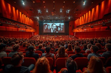 A crowd in a performing arts center hall is watching a movie event