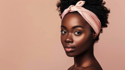 Young African American woman with a pink bandage on her hair on a pink background. Skin care and natural cosmetics.
