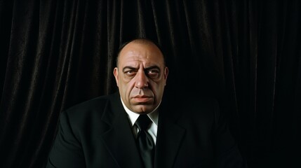 Fototapeta premium Mafia boss. Portrait of a crime boss. Serious brutal face of a man. Unveiling the Intensity of a Ruthless Mafia Boss
