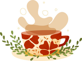 Hand draw cup and saucer with flowers and leaves isolated on white, Mug with coffee, tea. Vector illustration in cartoon. Cup with poppy. Splash of coffee, 