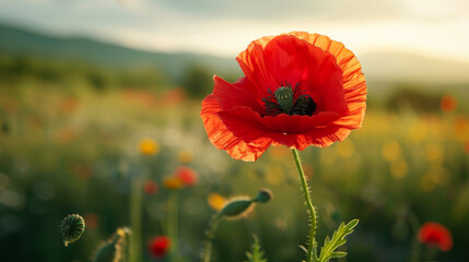 Naklejka premium Close-up of single red poppy in full bloom