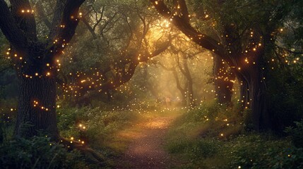 An enchanted forest with magical creatures, glowing plants, ancient trees, a hidden fairy village, mystical ambiance. Resplendent.