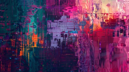 Vibrant Digital Abstract Artwork with Glitch Effect and Multicolored Distorted Pixel Patterns