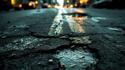 A sharp contrast unfolds as the city roads reveal their decay, marked by deep cracks and extensive holes that speak to neglect and deterioration - obrazy, fototapety, plakaty