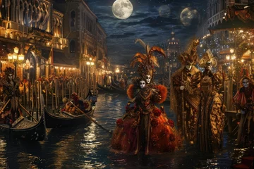 Cercles muraux Pont du Rialto A grand Venetian carnival scene, elaborate masks and costumes, gondolas on the canal under moonlight. Resplendent.