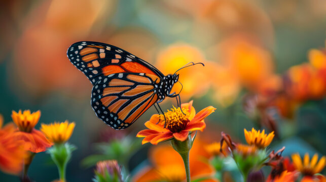 Peacock butterfly on orange blooms with a bokeh light background