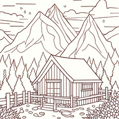 a shed on the mountain autumn season coloring book, vector illustration line art