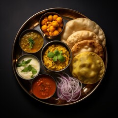 Delicious Indian Cuisine: Brass Plate with Chola, Kulchas, and Pickles generative ai