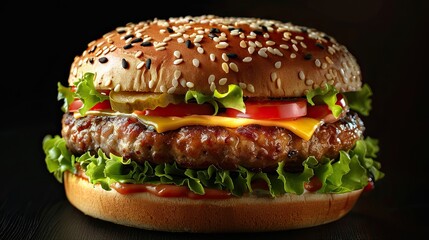 Delicious burger, with meat and fresh vegetables. Studio shot.