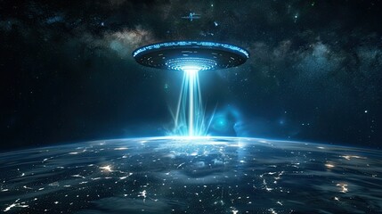 Fototapeta premium Ufo beaming down light to earth.
