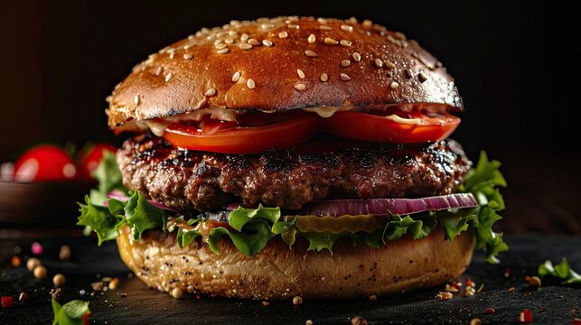 Delicious burger, with meat and fresh vegetables. Studio shot.